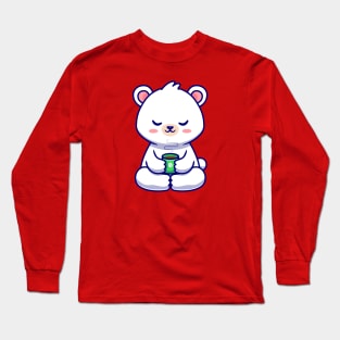 Cute Baby Polar Bear With Coffee Cup Cartoon Long Sleeve T-Shirt